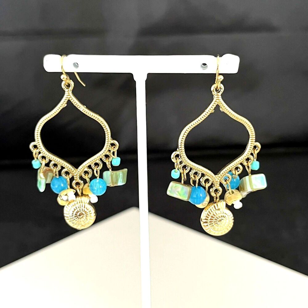 New Gold Tone Earrings Nautical Teardrop Charm Shell Turquoise Dangle - 3R